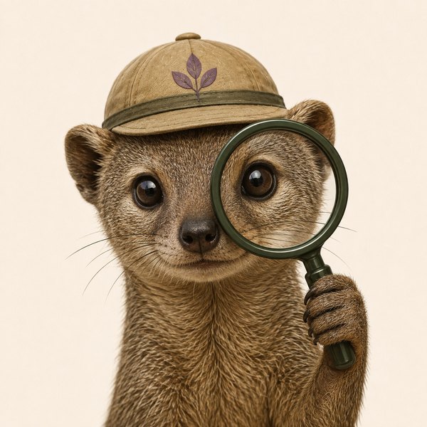 Zachy, a mongoose in a leaf cap, peering through a green looking glass.